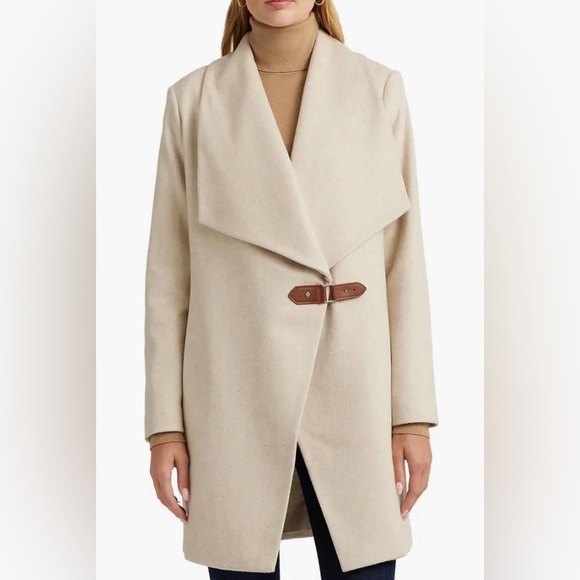 NWT Lauren Ralph Lauren Drape Lapel Wool Blend Coat Cream/Beige size